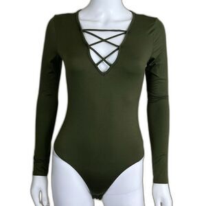 Free People Womens Size XS Me to We Olive Green Criss Cross Long Sleeve Bodysuit